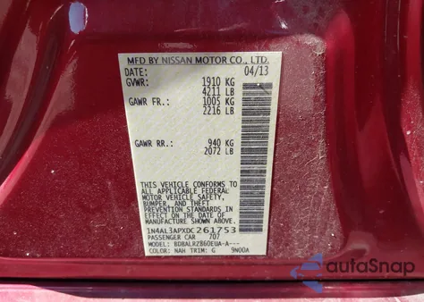 2013 Nissan Altima 2.5 S z USA, uszkodzony, nr VIN 1N4AL3APXDC261753